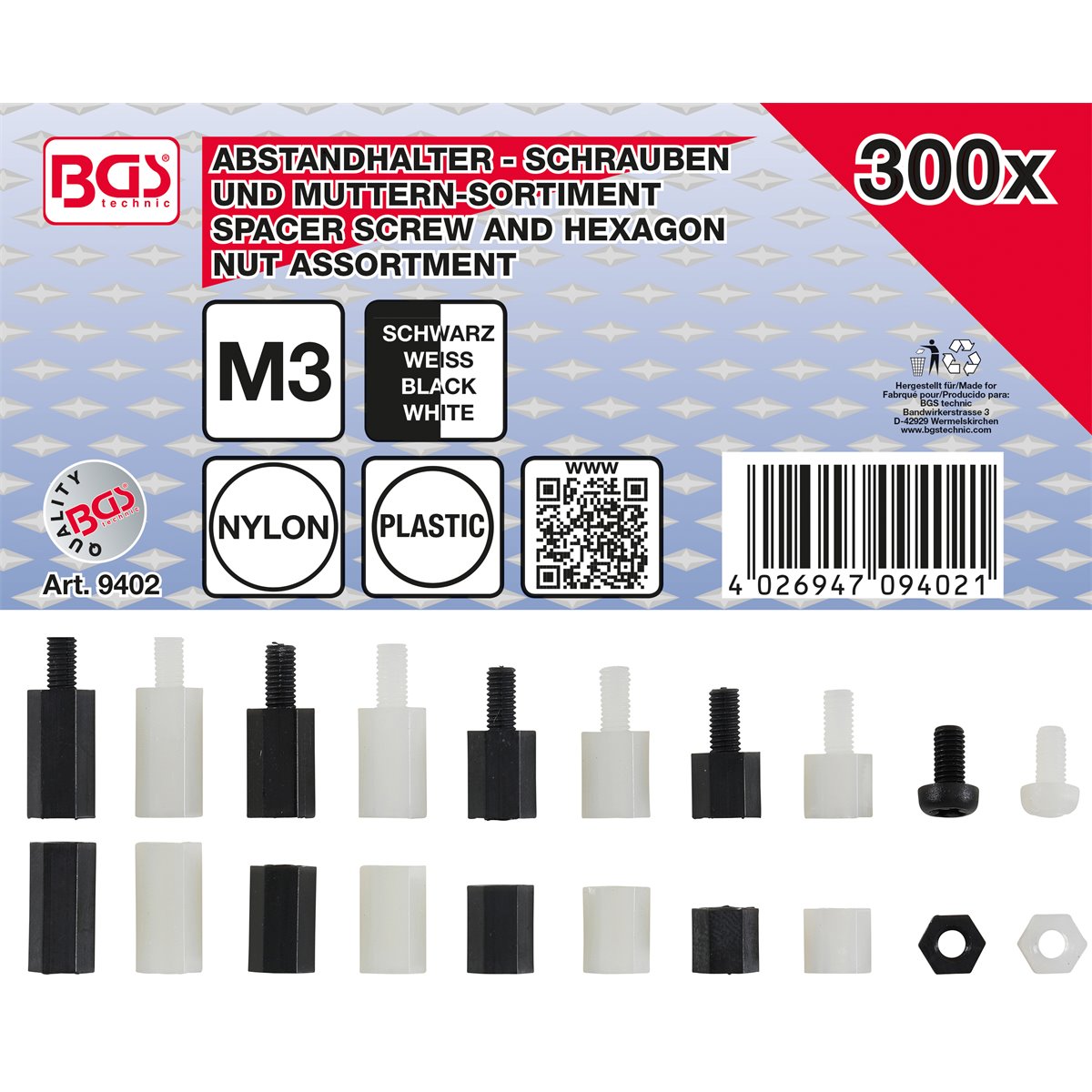 BGS 9402 Abstandhalter-Schrauben und Sechskant-Mut tern-Sortiment, Nylon, 300-tlg.
