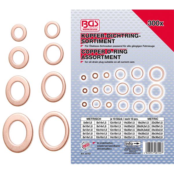 BGS 8142 Dichtring-Sortiment, Kupfer, 300-tlg. 