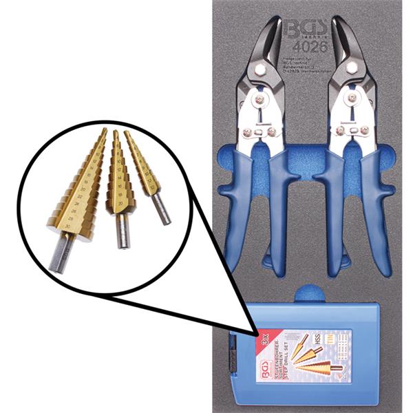 BGS 4026 Tool Tray 1/3: Metal Shears, Step Drill, 5 pcs.
