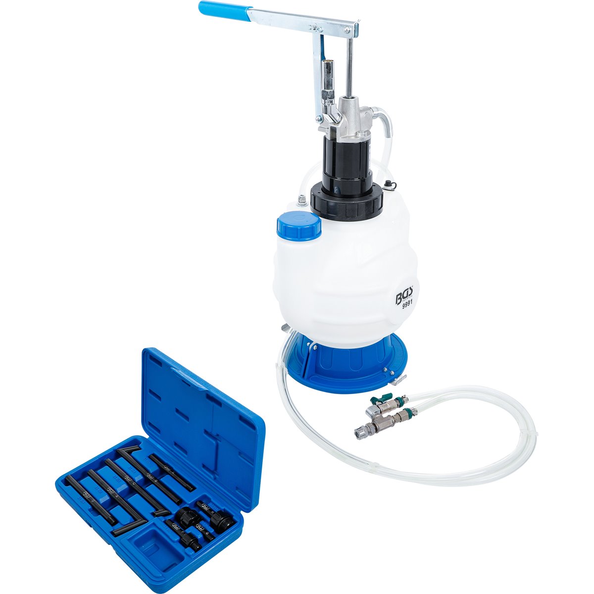 BGS 9991 Öl-Einfüllgerät mit Handpumpe 7 Liter Rücklaufsystem, mit 8 Adaptern