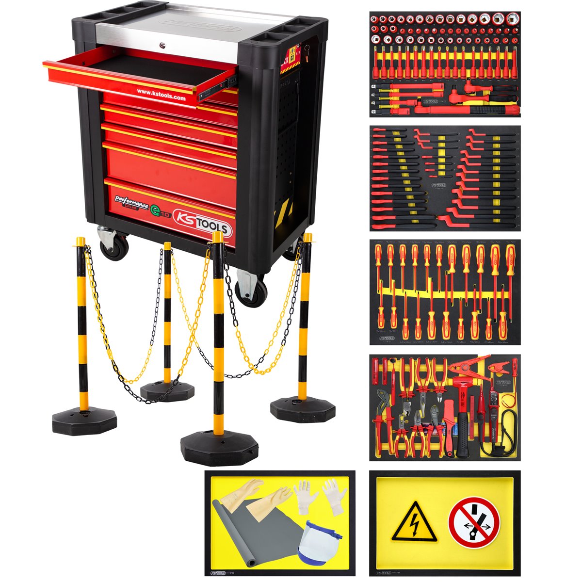 KS-Tools 117.6155 PERFORMANCEplus Werkstattwagen e 10 mit 164 isolierten Werkzeugen für Hybrid- und 