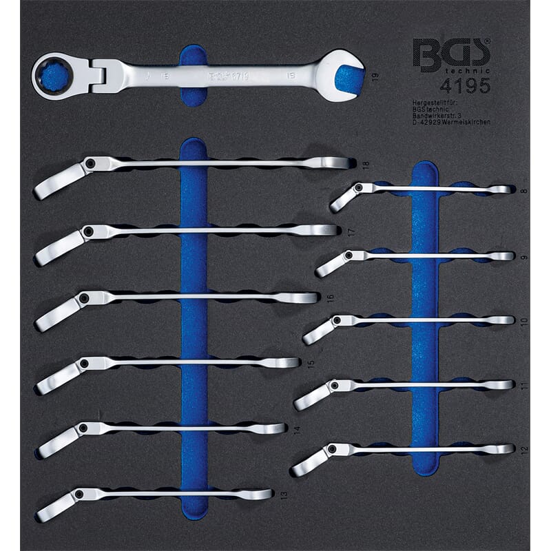 BGS 4195 Werkstattwageneinlage 2/3: Ratschenring-M aulschlüssel-Satz, abwinkelbar, SW 8 - 19 mm, 12-t