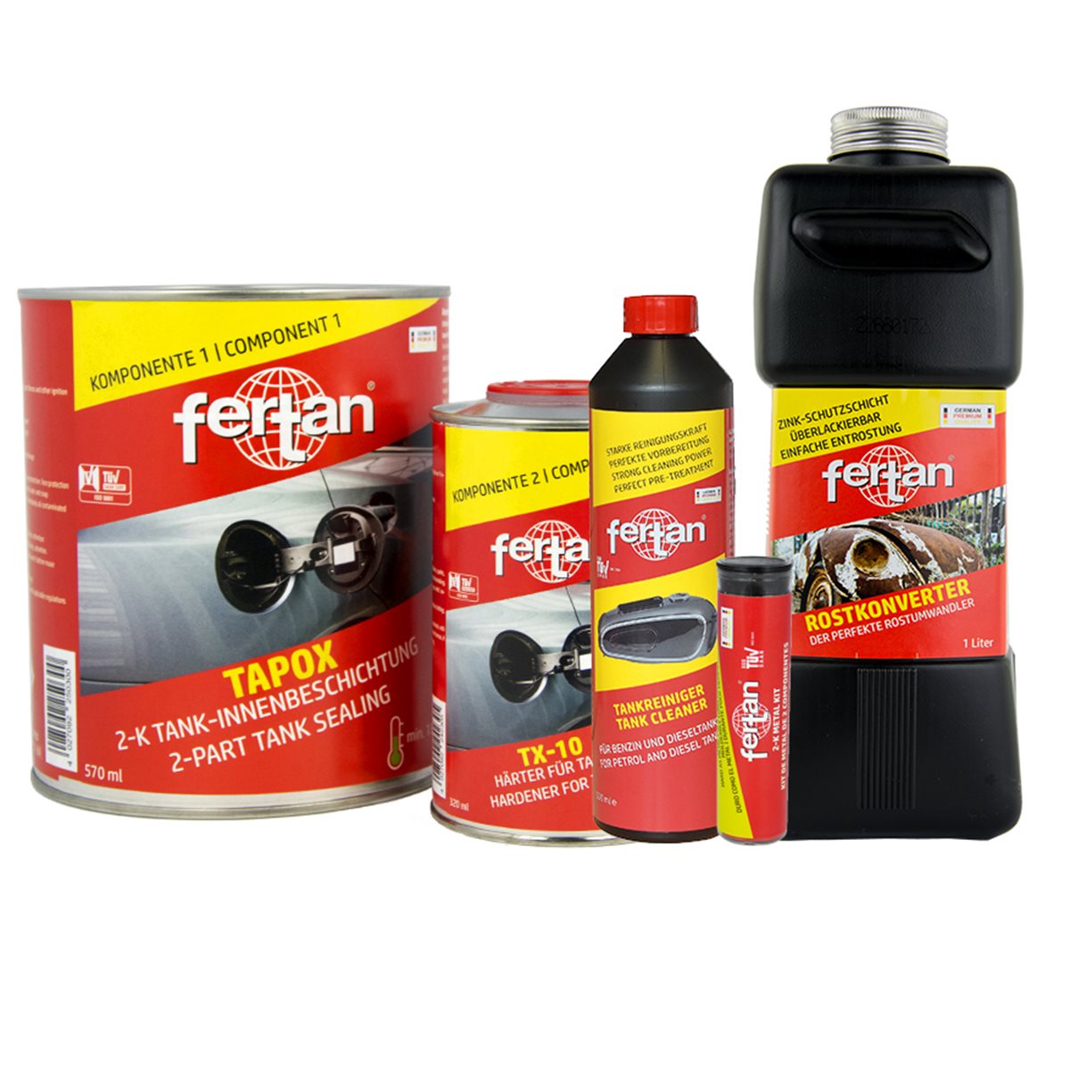 Fertan Tanksanierung Reiniger + Versiegelung Groß Tankreiniger +  Rostkonverter + Tapox + Metal-Kit